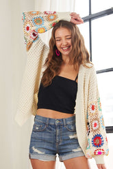 ADORA Plus Size Crochet Cardigan - Contrast Open Front, Long Sleeve